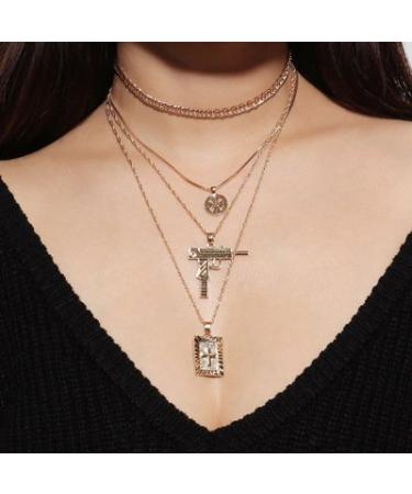 FXmimior Multilayer Necklace Silver Medal Pistol Charm Pendant Alloy Chic Necklace Gift for Her