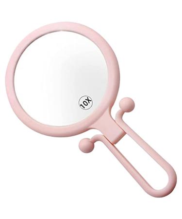 BLASHRD 10X Handheld Magnifier Double Sided Folding Makeup Mirror Portable Handheld Mirror with Adjustable Handle(Pink)