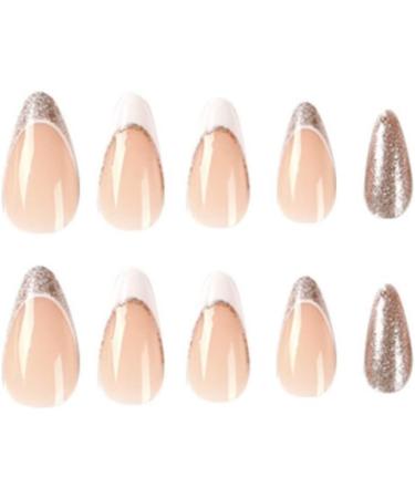 Justotry 24 Pcs Gold Glitter Almond Short False Nails - French Press on Nails | Trendy Nude Fake Nails with Glue | Stiletto Medium Stick on Nails for Women - Buy Online on SooperMarket.com