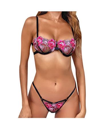 Zzalalana Sexy Lingerie Bra and Panty Set, Women's Floral Embroidery Lace Babydoll Lingerie Nightwear for Sex Naughty Play Hot Pink X-Large