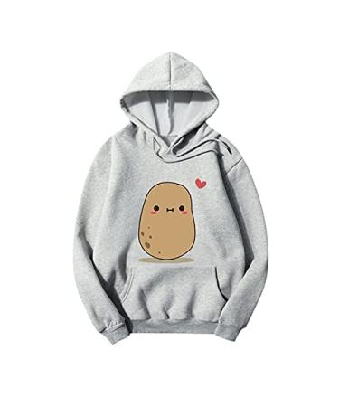 IFOTIME Cute Hoodies for Teen Girls Pullover Potato Heart Printed Solid Color Hooded Sweatshirt Sport Ligthweight B11 Gray Small