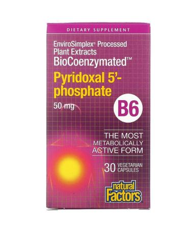 Natural Factors BioCoenzymated B6 Pyridoxal 5'-Phosphate 50 mg 30 Vegetarian Capsules