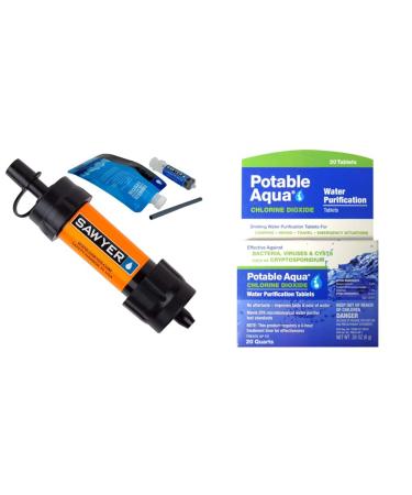 Sawyer Products SP103 Mini Water Filtration System Single Orange & Potable Aqua Chlorine Dioxide Water Purification Tablets - 20 Count