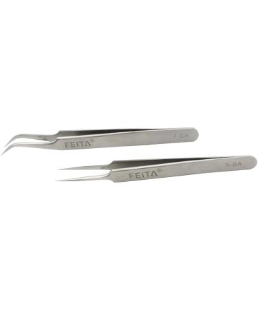 Feita Precision Eyelash Tweezers Set - Professional Straight & Curved Tweezers for Eyelash Extensions - Fine Tip - Silver - 2 Pack - Buy Online on SooperMarket.com