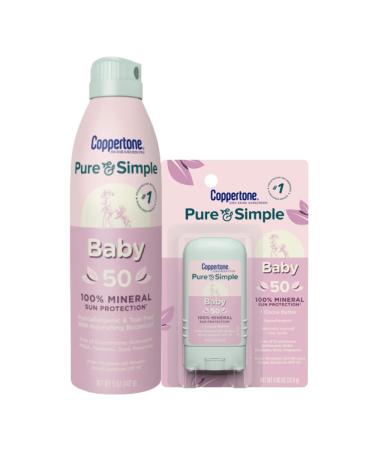 Coppertone Pure and Simple Baby Sunscreen Spray + Stick Sunscreen SPF 50, Zinc Oxide Mineral Sunscreen for Babies, Water Resistant, Tear Free Sunscreen Pack (5 Oz Spray + 0.49 Oz Stick)
