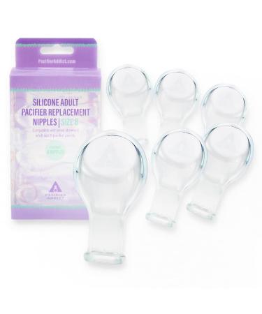 Pacifier Addict - Size 8 Nipples - Replacement Adult Pacifier Teats (Set of 6) (Clear)