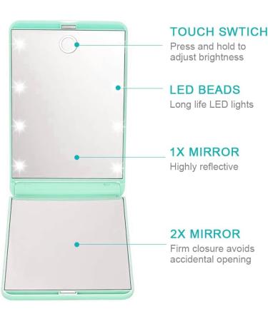 Rantizon Portable Makeup Mirror with Dimmable 8 LEDs, 1X & 2X Magnification - Compact, Foldable Handbag Mirror - Perfect Green Gift for Teenage Girls - Buy Online on SooperMarket.com