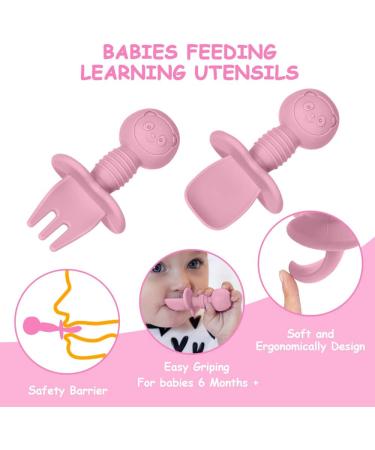 Vicloon Baby Fork and Spoon Set - 4Pcs Silicone Self Feeding Utensil for Infant Toddler, Easy Grip Cutlery Kit for Children - Red/Orange - Buy Online on SooperMarket.com