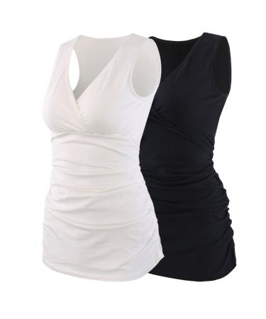 ZUMIY Maternity Nursing Top Pregnant Breastfeeding Shirt Women's Cotton V Neck Ruched Waist Double Layered Tank S Black+white/2-pk