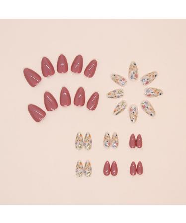 Almond Press on Nails - Short Floral Acrylic Nails Kit | Glossy Fall Design | 24Pcs Reusable Stick On Nails for Women & Girls - Buy Online on SooperMarket.com