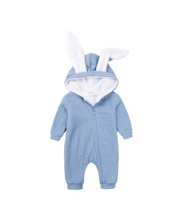 Kids Tales Newborn Baby Winter Warm Outfits Cute Rabbit Ear Hooded Zipper Romper 6-9 Months Blue Thick