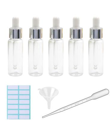 5Pcs Transparent Dropper Bottle 20ML Plastic Eye Dropper Bottles for Essential Oil Pipette Refillable - with Measured Pipette Funnel and Labels (White + Silver Cap) 20ml White + Silver Cap