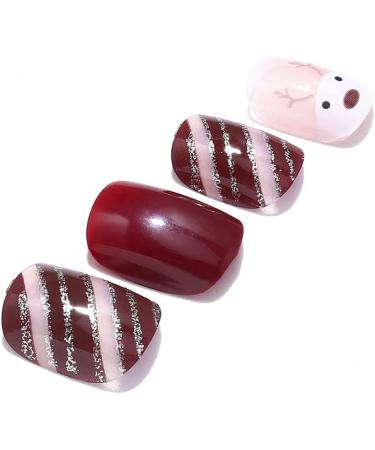 Brishow Christmas Snow Elk Press on Nails - Red Short Square Fake Nails for Women and Girls (24pcs) - Buy Online on SooperMarket.com