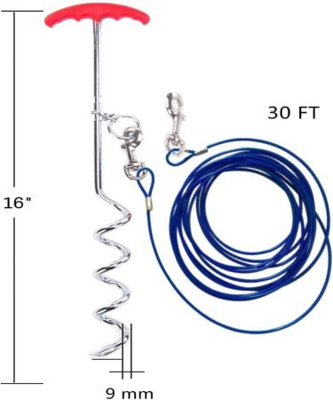 Dog Tie Out Cable and Stake 30ft Outside Dog Leash & Chain for Camping and Yard 16'' Heavy Duty Anti Rust Spiral Stake for Medium-Large Dogs Up to 125 lbs (30FT Blue) - Buy Online on SooperMarket.com