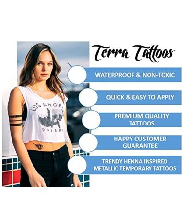 Terra Tattoos Black Henna Temporary Tats - 75+ Mandala, Feathers, Dream Catcher, Arrows - Waterproof, Nontoxic, Long Lasting - Perfect for Beach, Festivals & Parties - Buy Online on SooperMarket.com