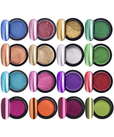 Peowuieu 16 Glasses Chrome Nail Powder Metallic Nail Art Powder Effect Manicure Pigment with 16 Pieces Eyeshadow Sticks