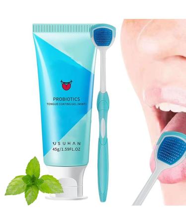 Oral Hygiene Brush & Tongue Cleansing Gel Probiotic Tongue Cleaning Gel Set Tongue Scraper Tongue Cleaning Brush Kit Mint Tongue Cleansing Gel and Tongue Cleaner Brush (1 Set Mint)