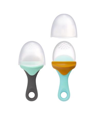 Boon PULP Silicone Baby Feeder 2 Count Blue/Mustard and Gray/Mint Soft Silicone Vegetable and Fruit Feeders Teething Baby Essentials 2 Pulp Feeders Blue/Gray