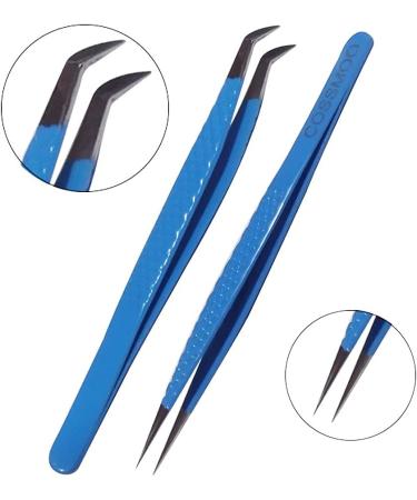 2 Pieces Diamond Grip Eyelash Tweezers Professional Set- COSSMOO Straight And Angled Curved L-Shape Volume Tweezers For Lashes Extension Pointed Individual Application Tweezers For False Lash - Buy Online on SooperMarket.com