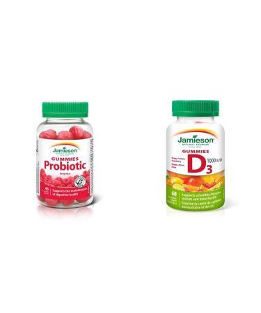 Jamieson Probiotic Gummies 45 Gummies & Vitamin D3 1 000 IU Gummies - Orange Strawberry Lemon Flavour 60 Gummies