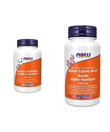 NOW - Acetyl L-Carnitine 500mg 100 vcaps & Alpha Lipoic Acid 600mg 60 Veg Capsules Acetyl L-Carnitine + Alpha Lipoic Acid 600mg