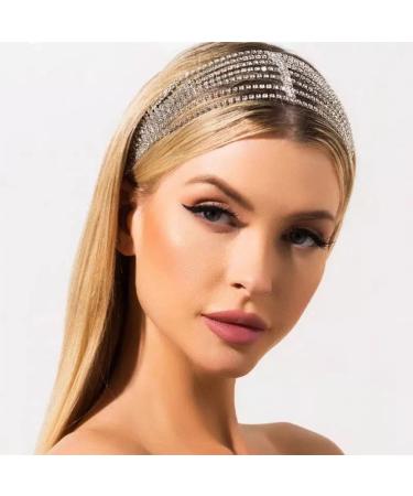 YERTTER Brides Silver Rhinestone Elastic Head Chain Tassel Head Accessories Jewelry Hair Chain Crystal Headband Headpiece Boho Hair Accessories for Women Brides Prom Costume(Silver 1)
