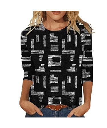 Angxiwan 3/4 Sleeve Shirts for Women Trendy Casual Printed Blouse Round Neck Tunic Tops Black Small