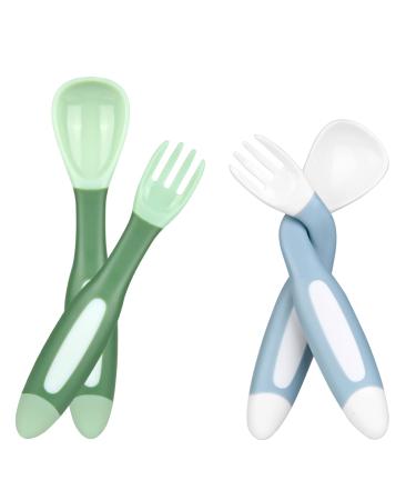 Vicloon Baby Utensils Spoon Fork Set 4pcs Baby Cutlery Feeding Set Toddler Utensils Spoons Forks Baby Fork and Spoon Set Easy Grip Bendable Perfect Self Feeding Spoon Fork (Green) White-green