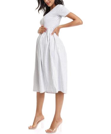 Love2Mi Short-Sleeve Maternity Dress XL - White Grey Stripe | Casual A-Line Midi Pregnant Dress - Buy Online on SooperMarket.com