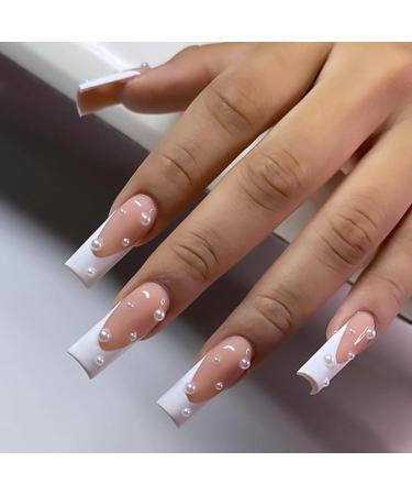 RikView Square Press on Nails Long Fake Nails French Tips Nails with Pearls White Nails Glossy Square Nails