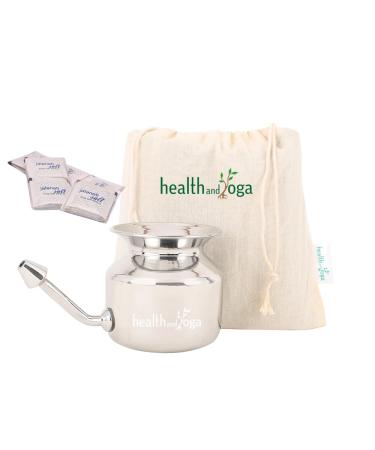 HealthAndYoga(TM) SteloKleen Superior Neti Pot Learner - Improver Kit - Unbreakable Stainless Steel Pot - Smooth Leak Plug Nose Tip - Pure Salt 25 Pieces