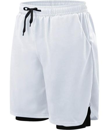 Ronony Men's 2-in-1 Sports Shorts | Quick-Drying Summer Running & Gym Shorts - White - Buy Online on SooperMarket.com