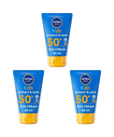 NIVEA SUN Kids Protect and Care SPF 50+ to Go Lotion (50ml) Water-Resistant Sunscreen Kid's Sun Cream Provides Highly Effective UVB and 5 Star UVA Protection (Pack of 3) 50 ml (Pack of 3)