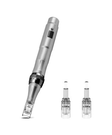 Derma Pen Hair Beard Growth INCELLICE Microneedling Pen 0.25-2.0mm Adjustable 5 Speeds Wireless Use Professional Electric Beauty Pen for Face Skin Care with 2 Replacement Cartridges and USB Charger Dermapen P40-Gery