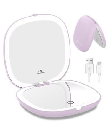 wobsion Travel Magnifying Mirror with Light 1x/10x LED Compact Mirror 2-Side Illuminated Makeup Mirror Dimmable 10cm Rechargeable Handheld Pocket Mirror Gifts for Women(Purple)