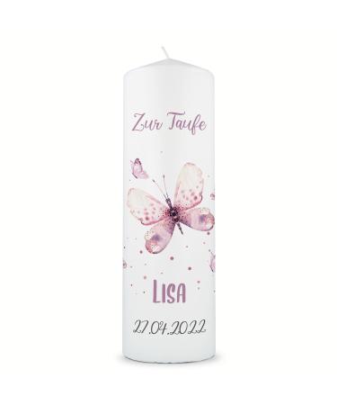 Gravure line printed candle - christening candle butterfly V2 - Brilliant printed candle for baptism - personalized baptismal gift for girls & boys - high -quality stumping cerema 250/80 mm - Color: pink