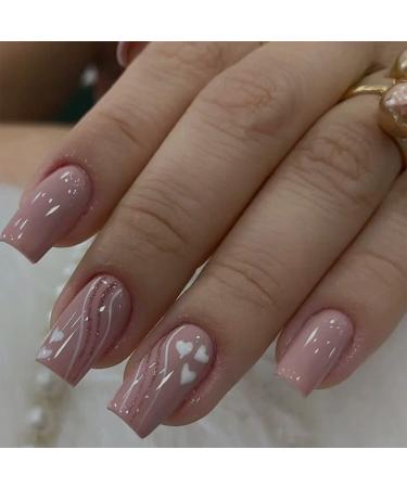 24 Pcs Medium Press on Nails Square Fake Nails Pink Glossy False Nails Heart White French Line Acrylic With Designs Stick on Nails Glossy Artificial Glue on Nails for Women. Style 3
