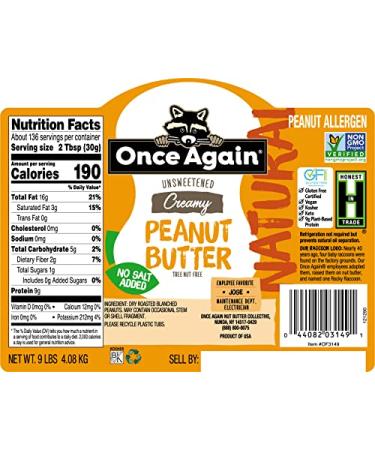 Once Again Natural Creamy Peanut Butter 9lb - Salt Free, Gluten Free, Vegan, Non-GMO - Buy Online on SooperMarket.com