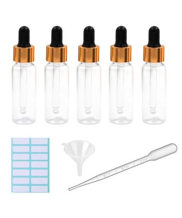 5Pcs Transparent Dropper Bottle 20ML Plastic Eye Dropper Bottles for Essential Oil Pipette Refillable - with Measured Pipette Funnel and Labels (Black + Gold Cap) 20ml Black + Gold Cap