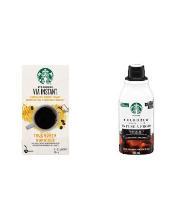 Starbucks Via Instant True North Blend Blonde Roast Coffee 8 Count & Cold Brew Coffee Concentrate Signature Black 946 milliliters