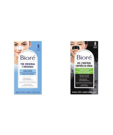 Bior Deep Cleansing Pore Strips and Charcoal Pore Strips Bundle for Unclogging and Blackhead Removal (16 Count) 8 count (Pack of 1) Original Strips + Strips (8 Count)