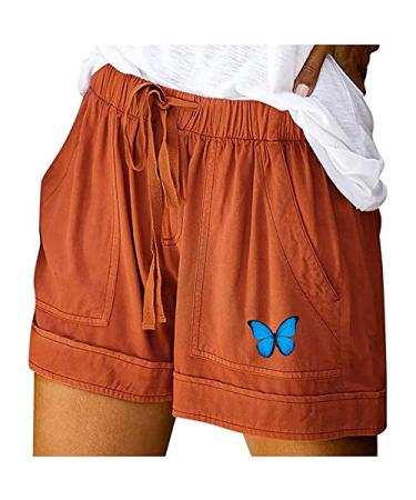 Gufesf Women Shorts for Summer, Womens Lightweight Shorts Linen Comfy Elastic High Waist Casual Shorts with Pockets X4-orange XX-Large