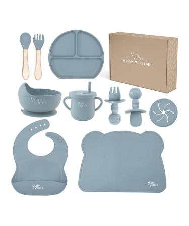 Yum Yum's Baby Weaning Set Silicone Baby Feeding Set of 10 with Suction Bowl Spoon Fork & Cup | Weaning Set Suction Bowl and Baby Plate Baby Feeding Set Suction Plate Baby Gifts & Presents Blue