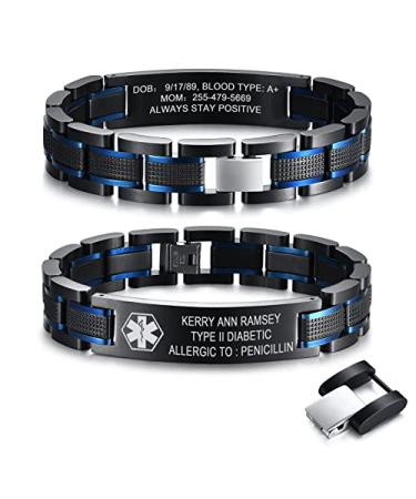 MEALGUET Custom Free Engraving Stainless Steel 2-Tone Black Brushed Medical Alert Link Wristband ID Bracelet for Men 8.2"-8.6"(link can not remove)2-tone