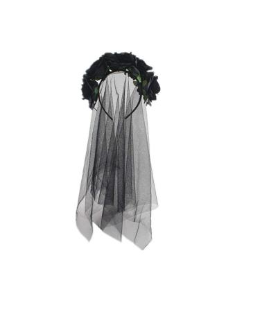 SUNTRADE Women Girls Zombie Bride Black Veil with Flowers Hairband for Halloween Cosplay Wedding Costume Headwear