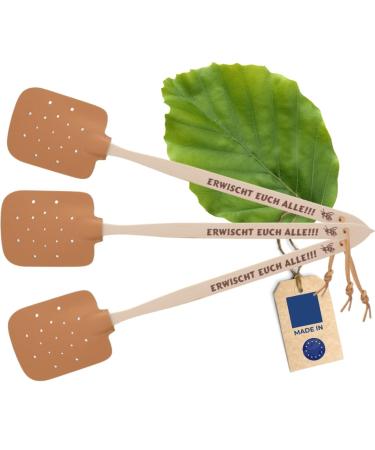 3x Hofmeister fly gossip made of beech wood & leather from Europe clap with saying: get all !!! practical mosquito rackers catch for insects mosquito catchers 47.5 cm get you all !!!3