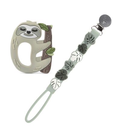 Loulou Lollipop Silicone Teether and Holder Clip Bundle Set - Sloth/Monstera