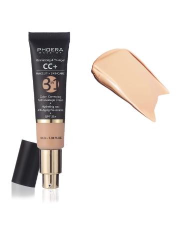 PHOERA Anti-Aging Color Correcting Full Coverage Cream Foundation SPF 25+ Revitalizing & Younger infused Concealer with Vitamins For dark circles acne scars wrinkles & redness. (120 Nude) 32 ml (Pack of 1) 120 Nude