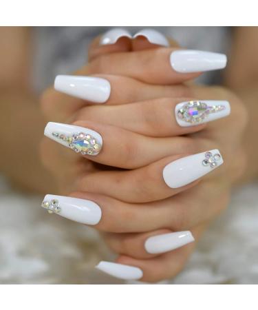 White 3D Shiny Holo Gems French Coffin Ballet False Nail Set | Coolnail Press-On Nails - 24pcs/set - Buy Online on SooperMarket.com