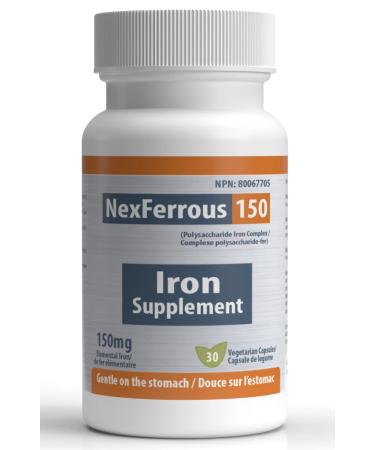 NexFerrous 150 mg | Vegan Iron Supplement | Prevention & Treatment of Iron Deficiency Anemia | Gentle on the Stomach | Easy Absorption | High Potency | 150 mg per capsule | 30 Capsules